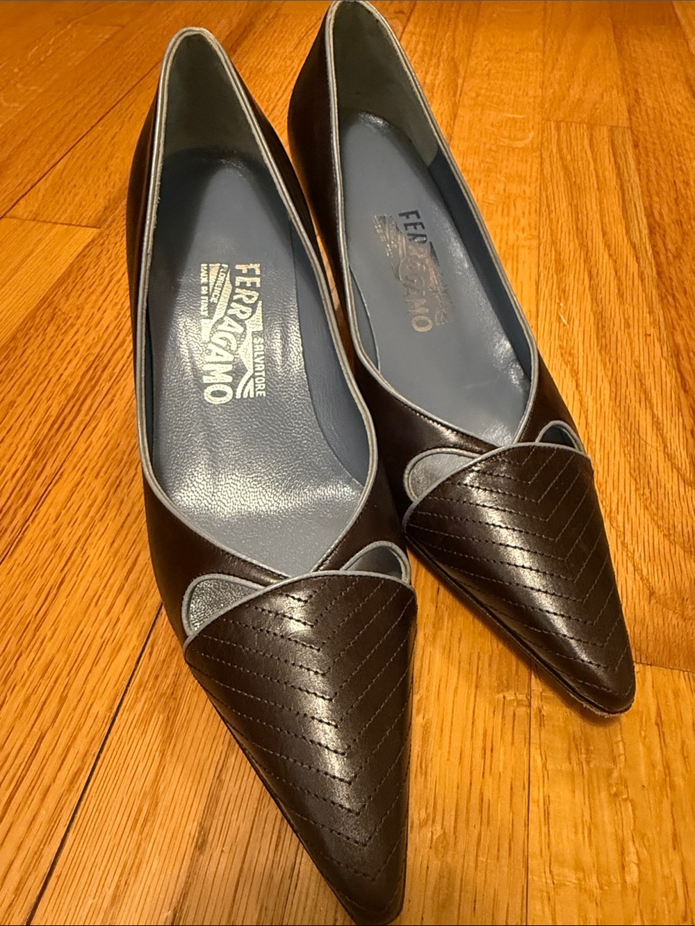 Salvatore Ferragamo Brown Pointed Leather Flats with Gray Trim